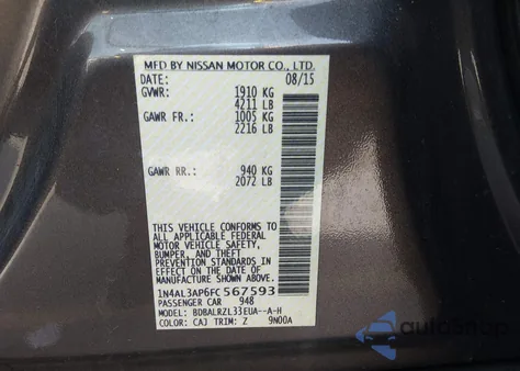 2015 Nissan Altima 2.5 Sl from USA, damaged, VIN 1N4AL3AP6FC567593